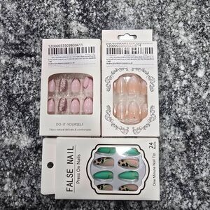 Set of 3 Press-On Nail Kits – 24pcs Each | Pink Glitter, Nude French & Green Leo